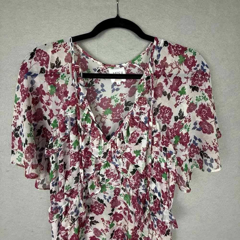 MISA Los Angeles Floral Chiffon Maxi Dress Sz S White Pink Ruffle‎ Tiered - Picture 8 of 11